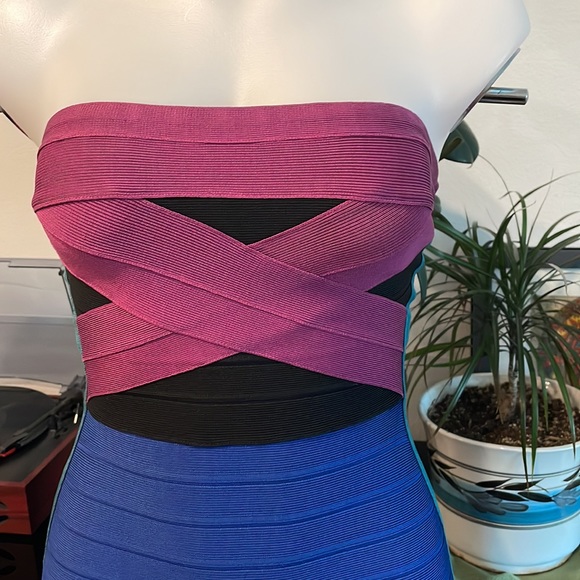Vintage Herve Leger Bandage Strapless Dress Mini blue maroon black sz S - Picture 2 of 4